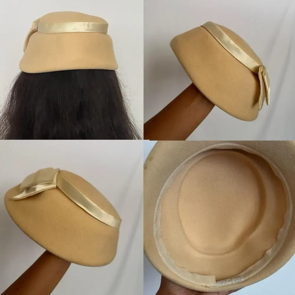Vintage 1940s Wool Hat White Satin Bow Union Bridal